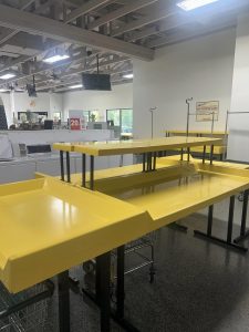 Folding tables inside laundromat facility